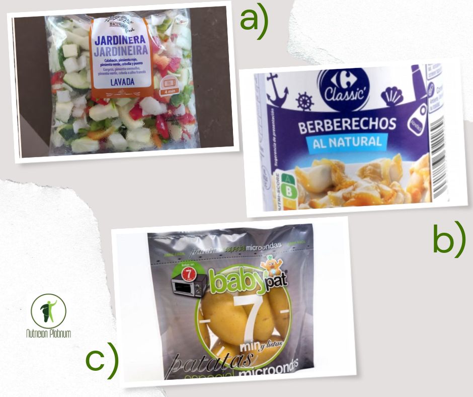 Verduras a la jardineras con berberechos y patatas en el microondas.